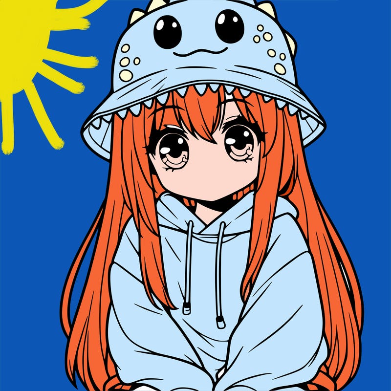 girl with anime shaped eyes with a dinosaur bucket hat oversized sweatshirt long straight hair