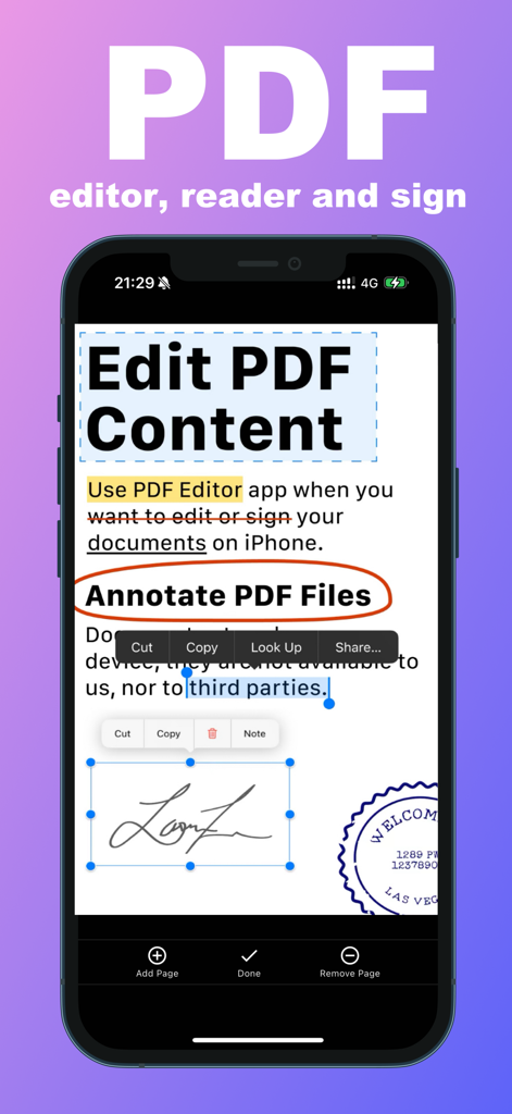 PDF Editor - Edit, Sign, Read - PDF編集、注釈付け、デジタル署名機能を示すiPhone画面。