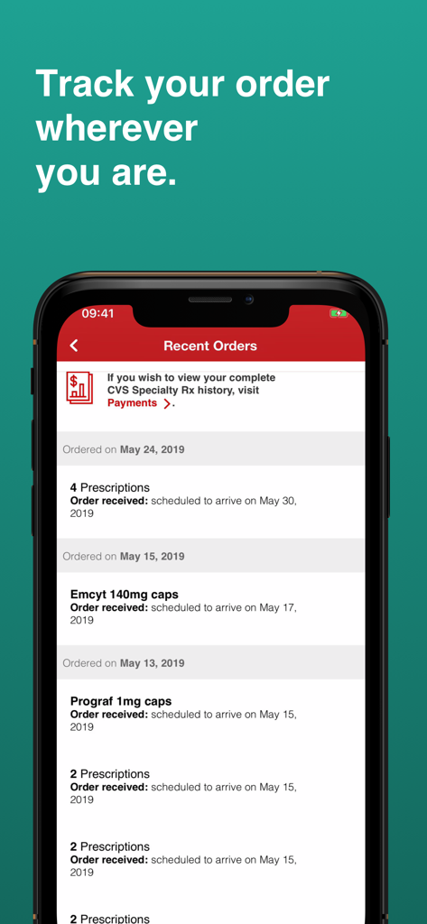 CVS Specialty mobile app screen showing recent prescription orders with scheduled arrival dates