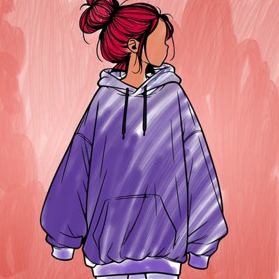 realistic girl with a oversized sweatshirt on and a bun
