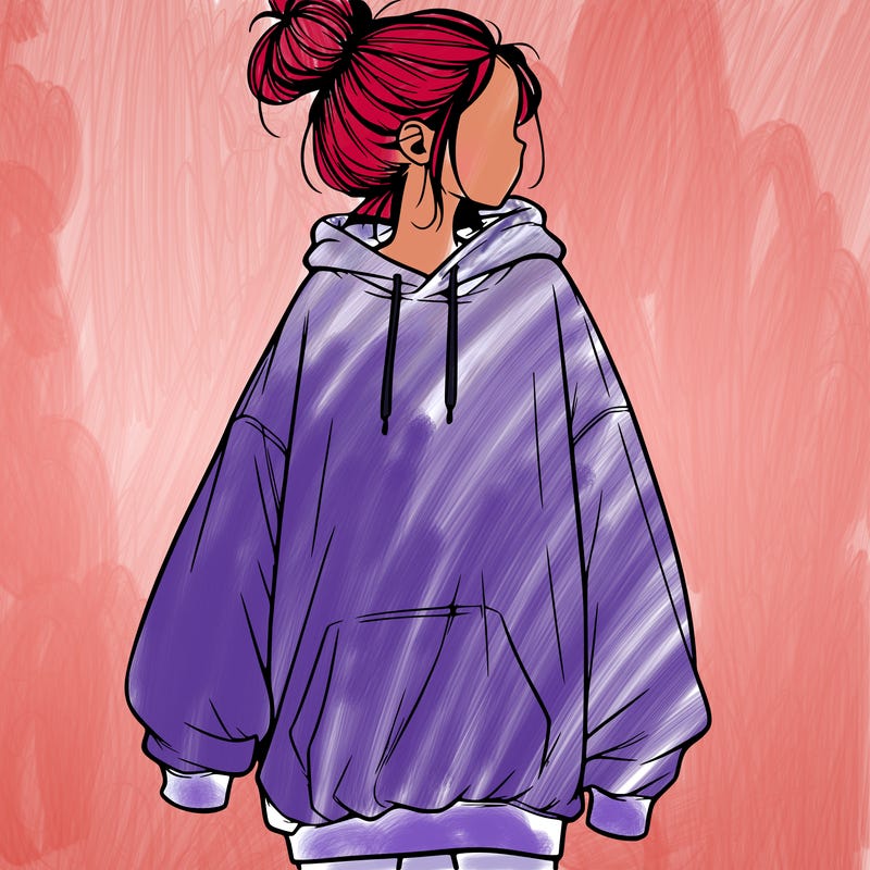 realistic girl with a oversized sweatshirt on and a bun
