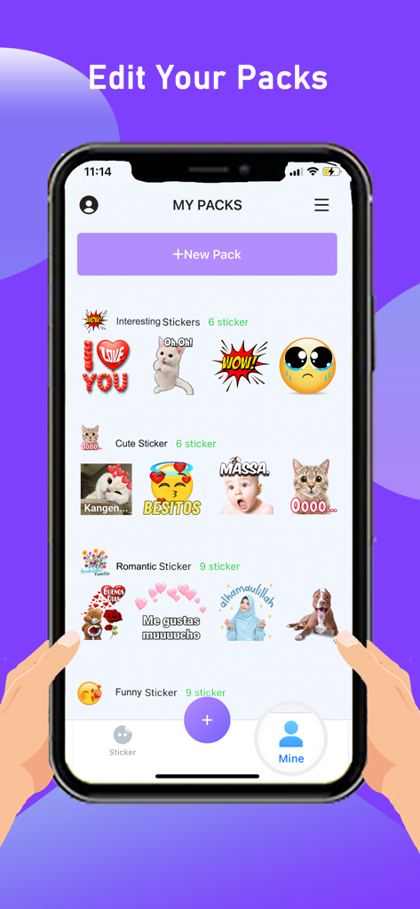 Text Stickers - Sticker Maker - Un écran d'application mobile intitulé Mes packs montrant diverses catégories d'autocollants comme des autocollants intéressants, mignons et romantiques