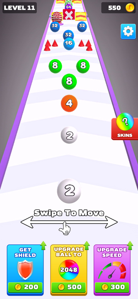 Gameplay screen of Ball Merge 3D showing numbered balls on a 3D track and upgrade menu