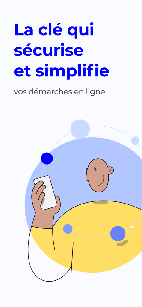 Cartoon illustration of a person holding a smartphone with text about securing and simplifying online procedures