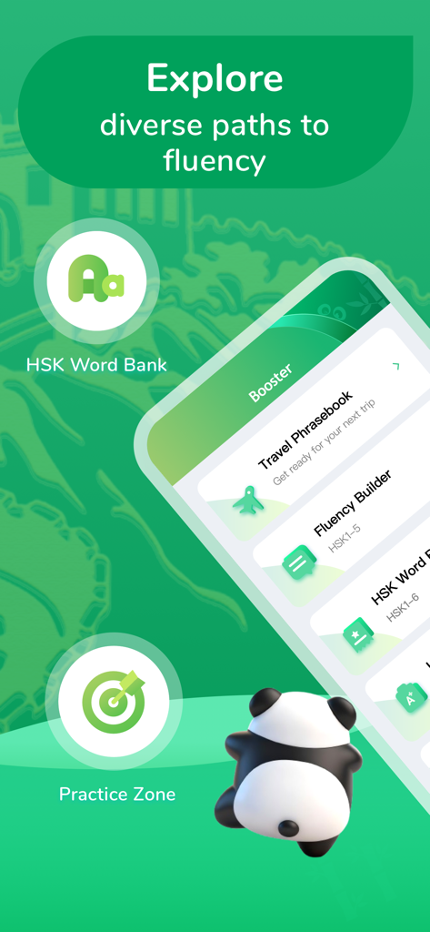Learn Chinese: ChineseSkill - パンダのマスコットが登場するHSK単語バンクや旅行フレーズ集などのさまざまな学習モジュールが表示されているChineseSkillアプリのインターフェイス