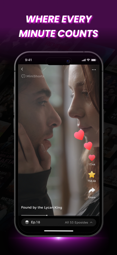 MiniShortsアプリでショートドラマシリーズのロマンスシーンが表示されたスマートフォンの画面