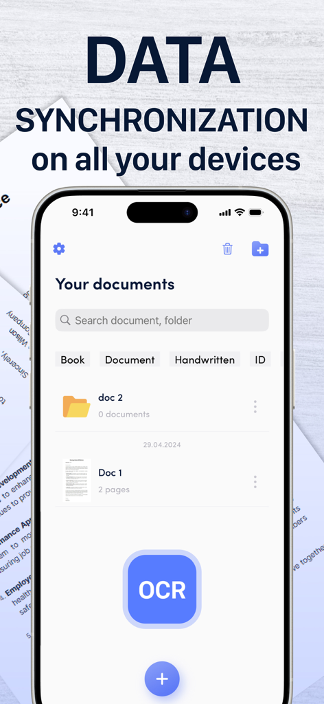 Interface do aplicativo móvel Scan to PDF mostrando gerenciamento de documentos com opções de OCR e sincronização de dados.