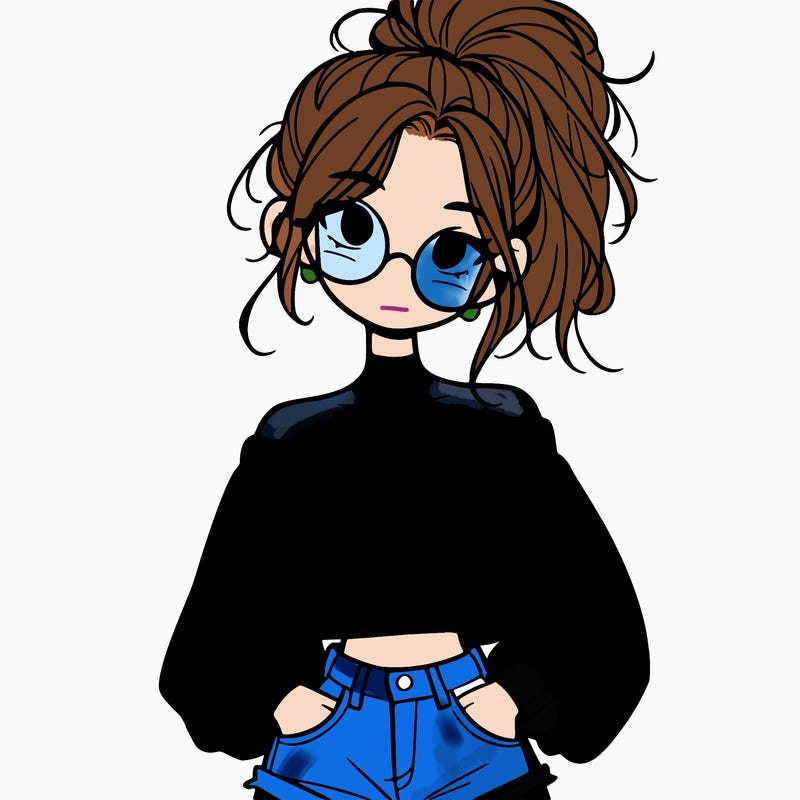 girl with a messy ponytail glasses a baggy crop top and jean shorts