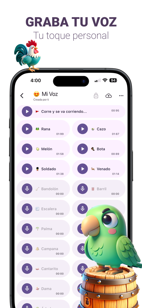 Barajaverso ® Lotería Mexicana - Smartphone screen showing the custom voice recording feature for Mexican Loteria cards in the Barajaverso app.