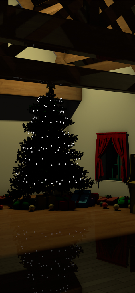 Lit Christmas tree with gifts in a cozy interior room