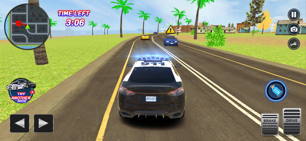 City Track Mission - Gameplay of City Track Mission showing a police car driving on a sunny coastal road with on-screen game controls and a timer