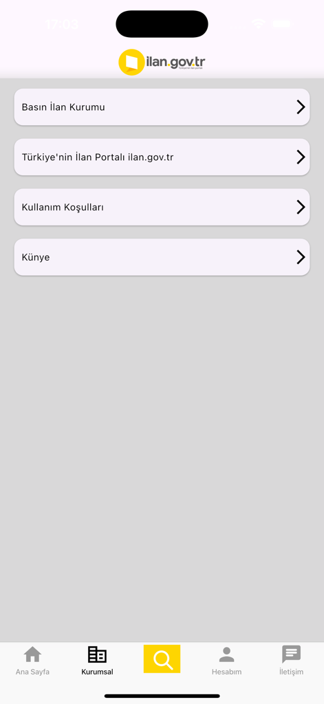 Resmi ilanlar - Institutional page of the Resmi ilanlar app displaying links to agency information and legal terms