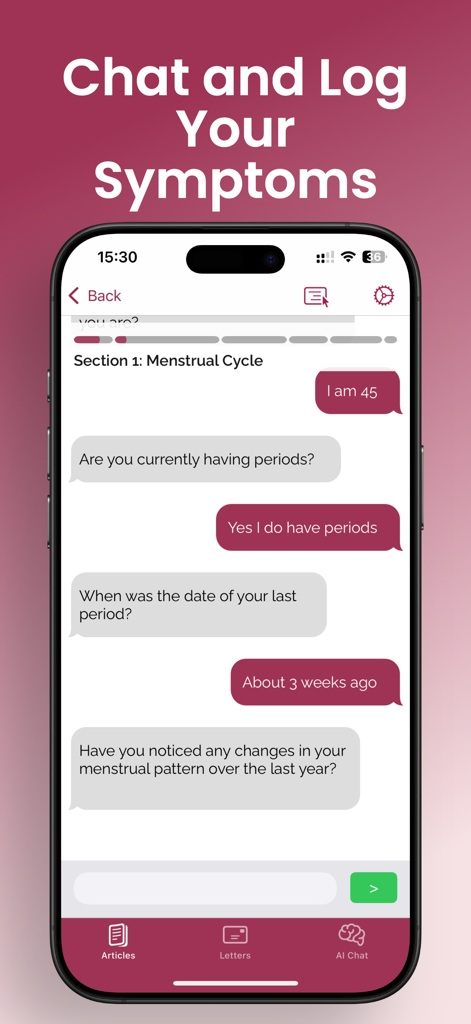 Sofia AI chat interface for logging menopause symptoms and menstrual cycle history.