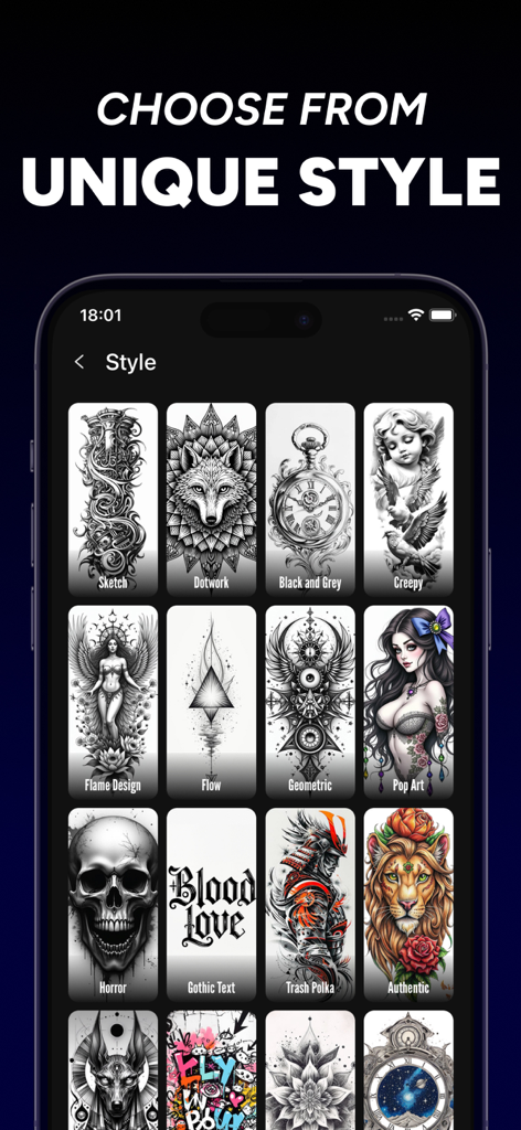 InkDNAアプリインターフェース、AI生成用のドットワーク、ジオメトリック、ポップアートなどのさまざまなタトゥースタイルを表示