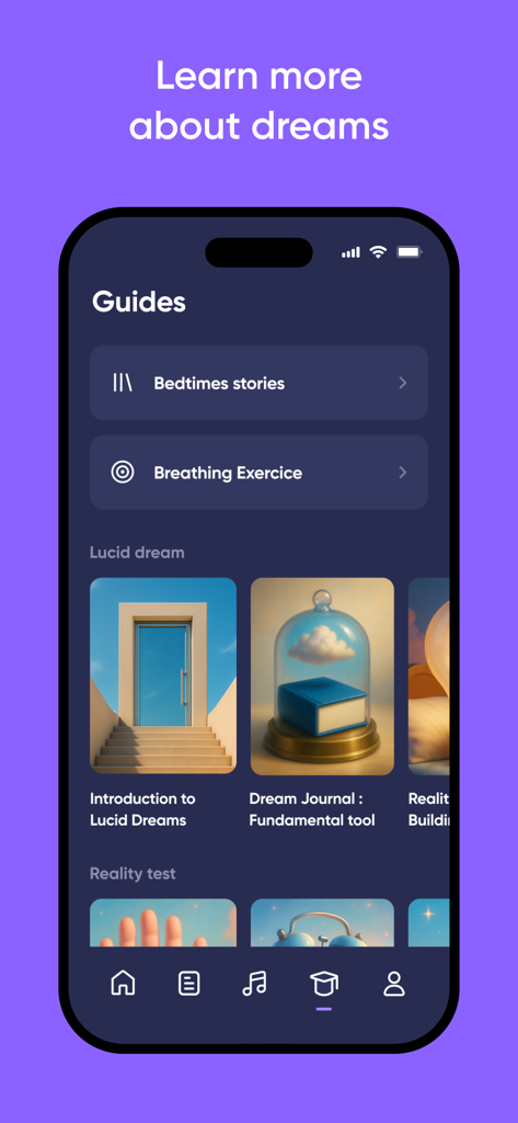 Dreamly: Dream Interpretation - A screen from the Dreamly app showing educational guides for lucid dreaming and sleep improvement.