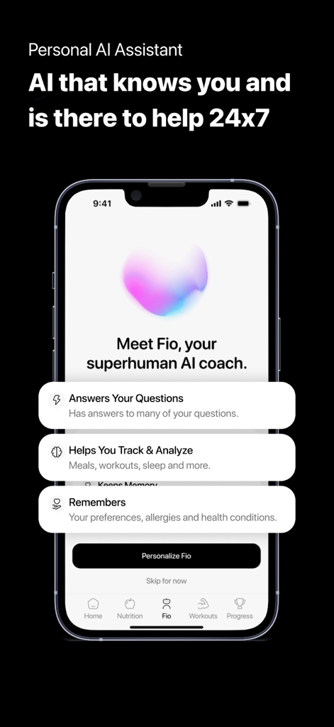 Reshape – Fat Loss & Fitness - A screenshot of the Reshape app showing Fio, a personal AI coach for 24/7 fitness and nutrition assistance