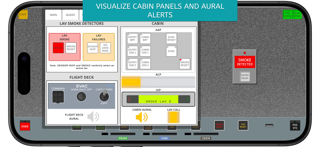 A320 FAP Simulator - Interfaz del Simulador A320 FAP mostrando detectores de humo en lavabos y alertas de cabina de vuelo.