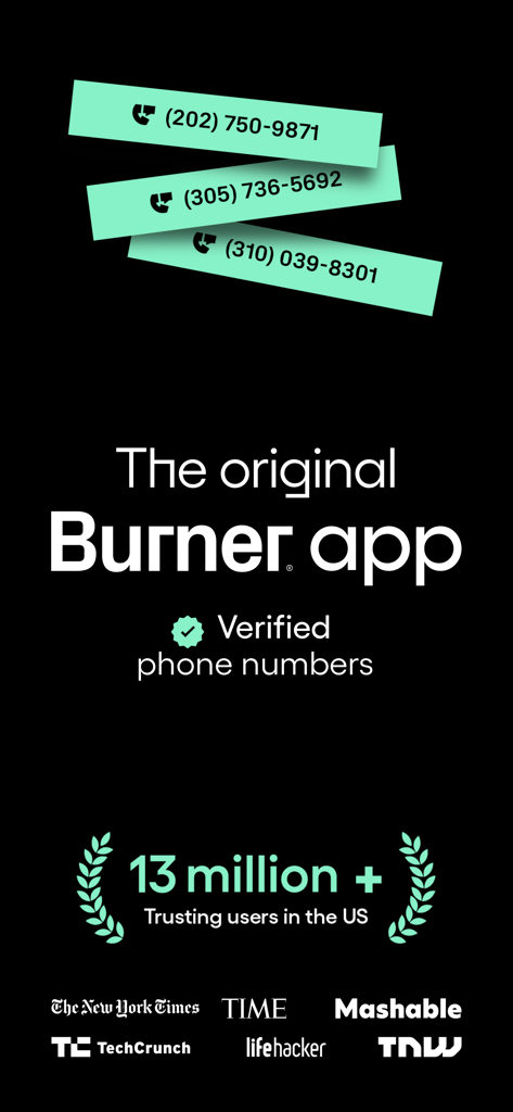 Burner app display featuring multiple verified second phone numbers and press endorsements from major publications