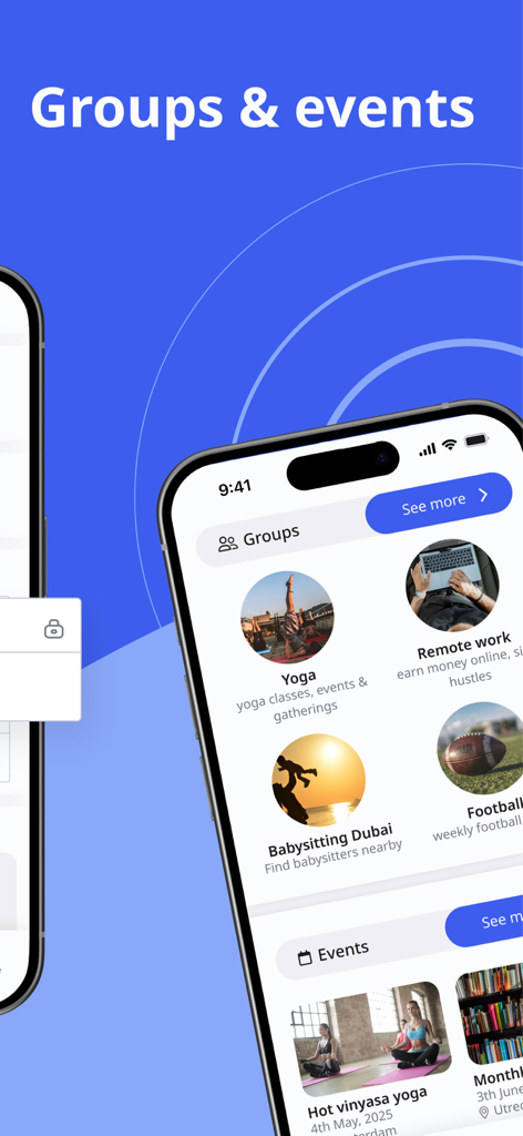 Interface of Buzzly app displaying local interest groups and upcoming community events