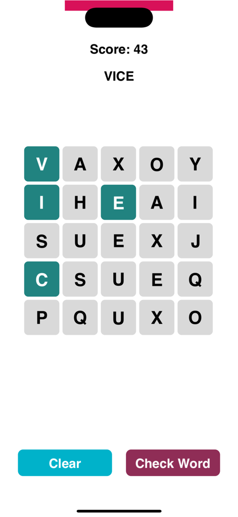 Interfaz de la aplicación Word Jungle que muestra una cuadrícula de letras con la palabra VICE seleccionada y la puntuación actual.