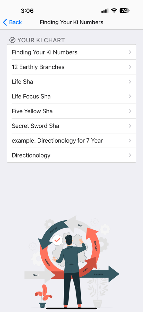 Interface do menu do aplicativo Nove Estrelas Ki de Astrologia mostrando recursos profissionais como Direcionologia e análise de Sha