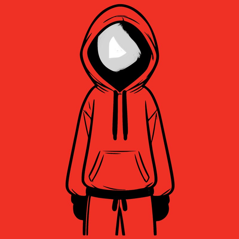 faceless girl in a tracksuit with a hood on and no hair