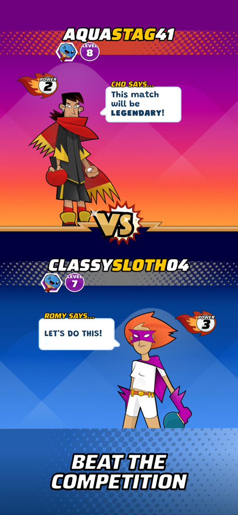 Ping Pong Squad - Versus screen in Ping Pong Squad showing two stylized characters ready to compete with the caption Beat the competition.