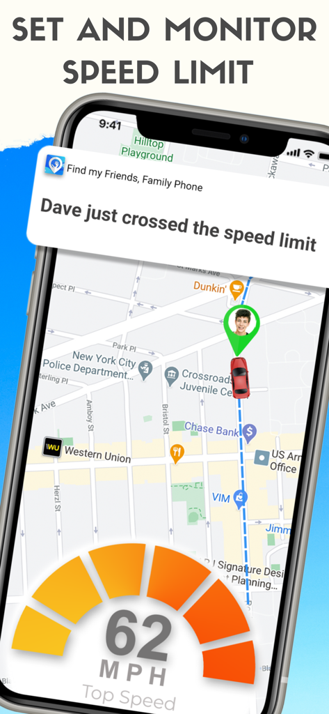 Mobile app interface showing real-time speed monitoring and a notification alert for exceeding a speed limit