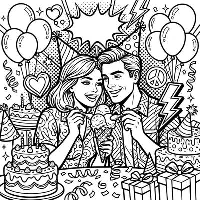 Dive into a world of vibrant Pop Art as a loving couple celebrates their birthday with ice cream and festive decorations. This dynamic coloring page perfectly captures the joy of shared moments and special occasions.