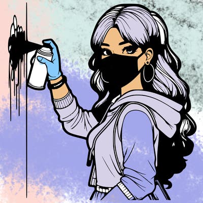 realistic girl with mask spray painting a wall