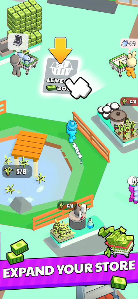 Captura de pantalla del juego de Mi Mini Súper que muestra a un personaje expandiendo la tienda y recolectando dinero.