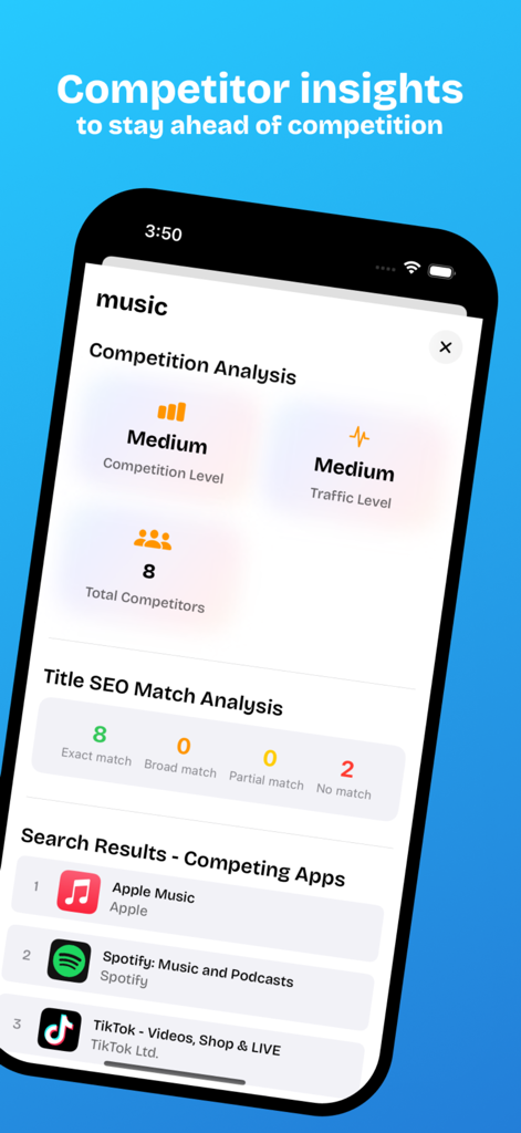 Radar App Keyword Optimization - Tableau de bord de l'application Radar affichant le niveau de concurrence, le niveau de trafic et les résultats de recherche pour l'optimisation des mots-clés.