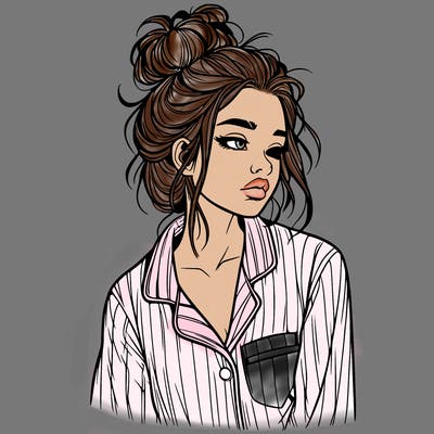 realistic woman with pajamas on and a messy bun