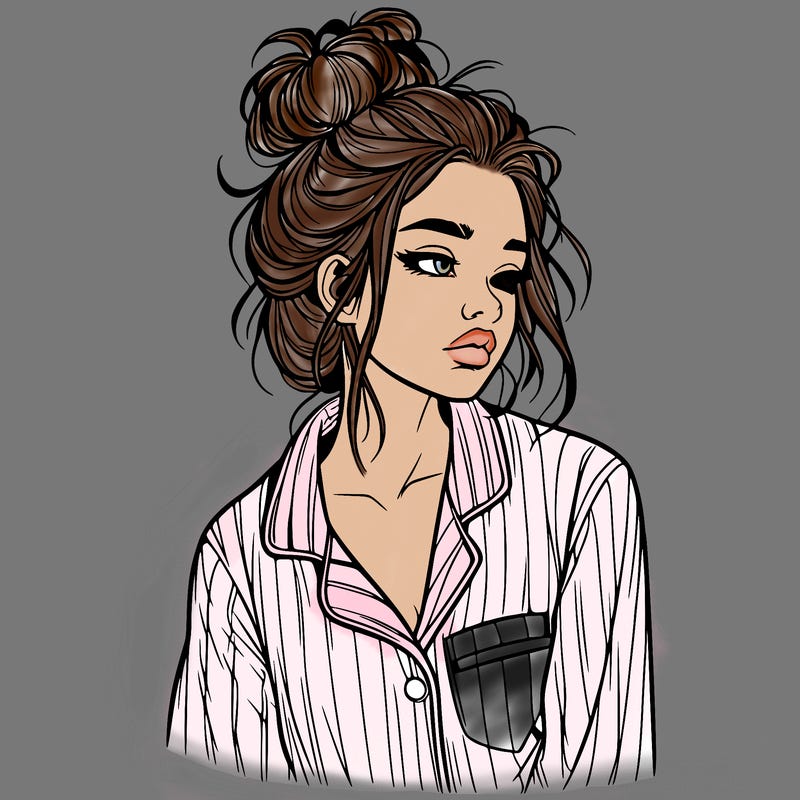 realistic woman with pajamas on and a messy bun