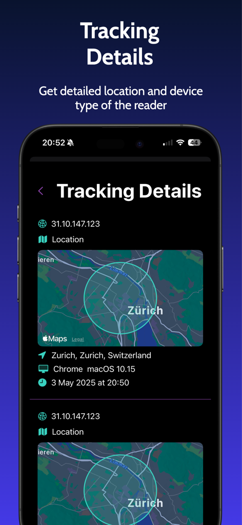 Mail Tracer - Email Tracking - Mail Tracerのスクリーンショットは、メール受信者の地図上の場所とデバイス情報を示します