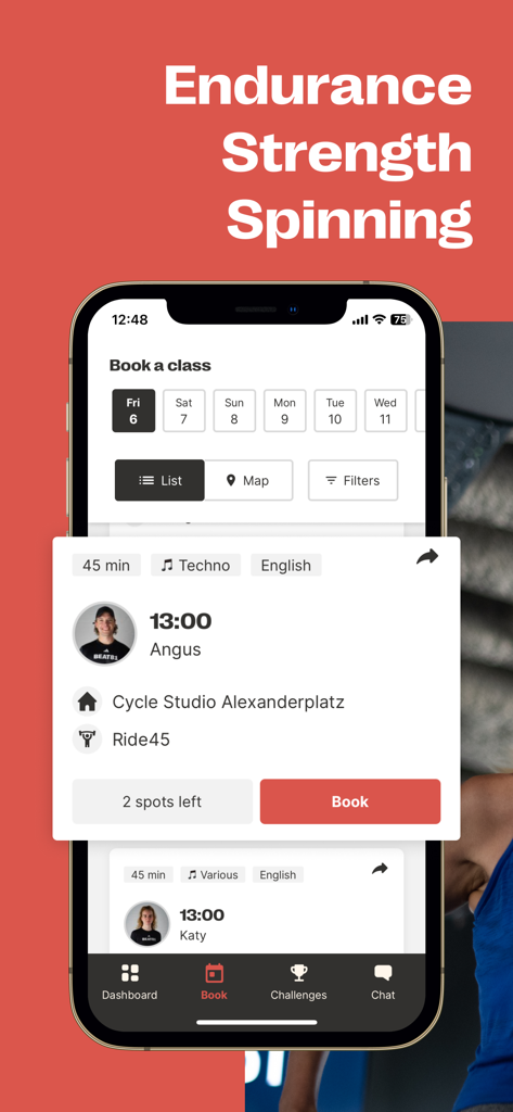 Interface of the BEAT81 app showing the booking screen for endurance strength and spinning classes