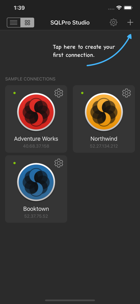 SQLPro Studio database client - Main dashboard of SQLPro Studio displaying multiple database connections and an add new connection button