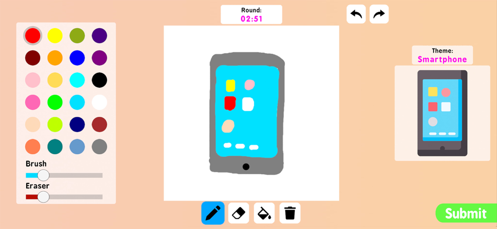 Coloring book paint drawing - Interfaz de usuario de una aplicación de colorear digital que muestra un dibujo de un teléfono inteligente con una paleta de colores y herramientas de pincel