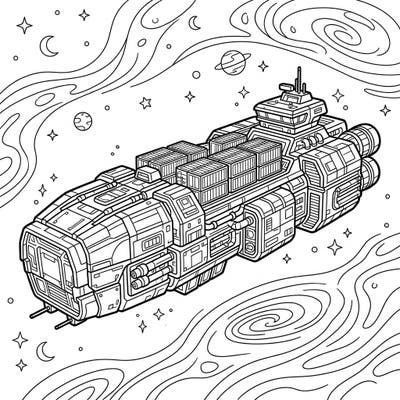 Prepare for an out-of-this-world coloring experience with this intricate interstellar cargo transport vessel. Navigate its detailed structure and cosmic surroundings with your favorite colors.