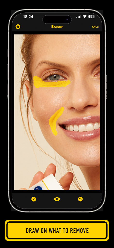 Lama fiXing 앱 인터페이스가 인물 사진의 피부 결점을 제거하는 데 사용된 브러시 스트로크를 보여줍니다.