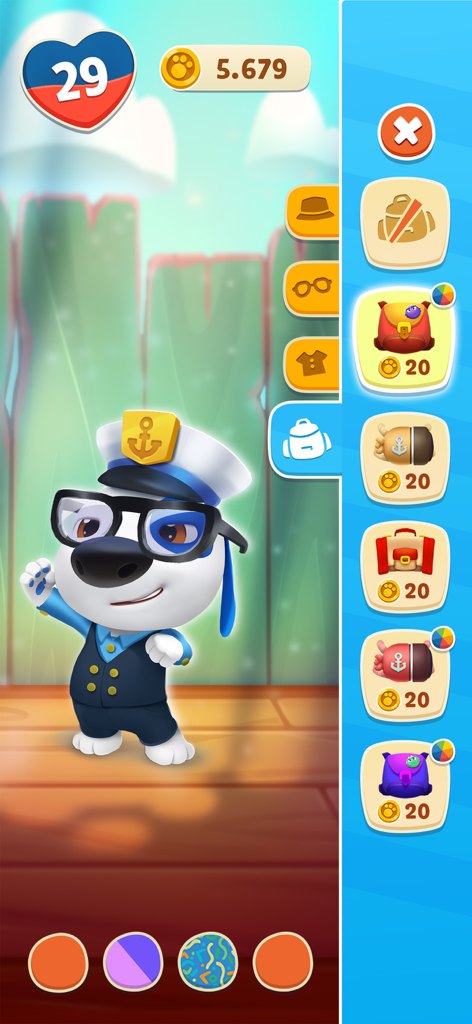 My Talking Hank: Islands - Talking Hank indossa una divisa da capitano di marina in un menu di personalizzazione del personaggio con opzioni per lo zaino