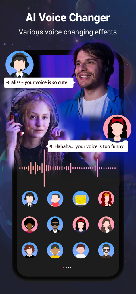 AI Voice Changer feature with various voice effects and character avatars
