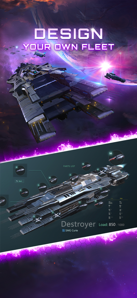 Stellaris: Galaxy Command - A screenshot from Stellaris Galaxy Command showing a large spaceship in space and a detailed UI for customizing a Destroyer class ship.