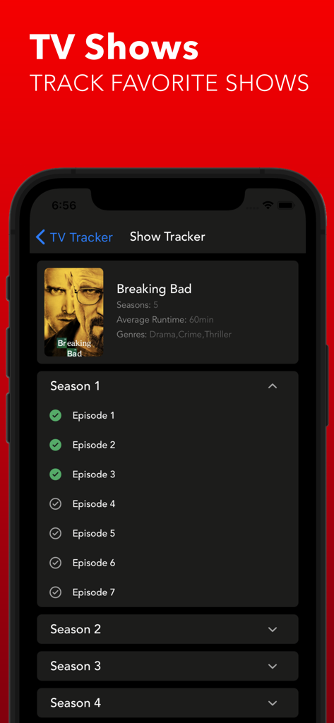 MovieFlix : Movies & TV Shows - MovieFlix app interface for tracking TV show episodes and seasons