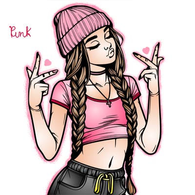 realistic teenage girl with braids and a beanie and crop top doing 🫶🏼