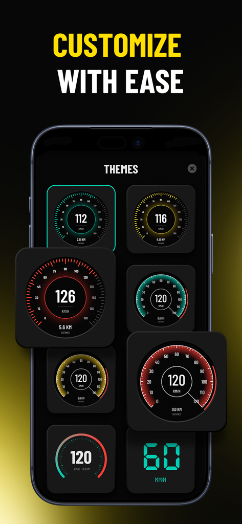 Speedometer: GPS Tracker - Una colección de varios diseños de temas de velocímetro digitales y analógicos que se muestran en la pantalla de un teléfono inteligente.