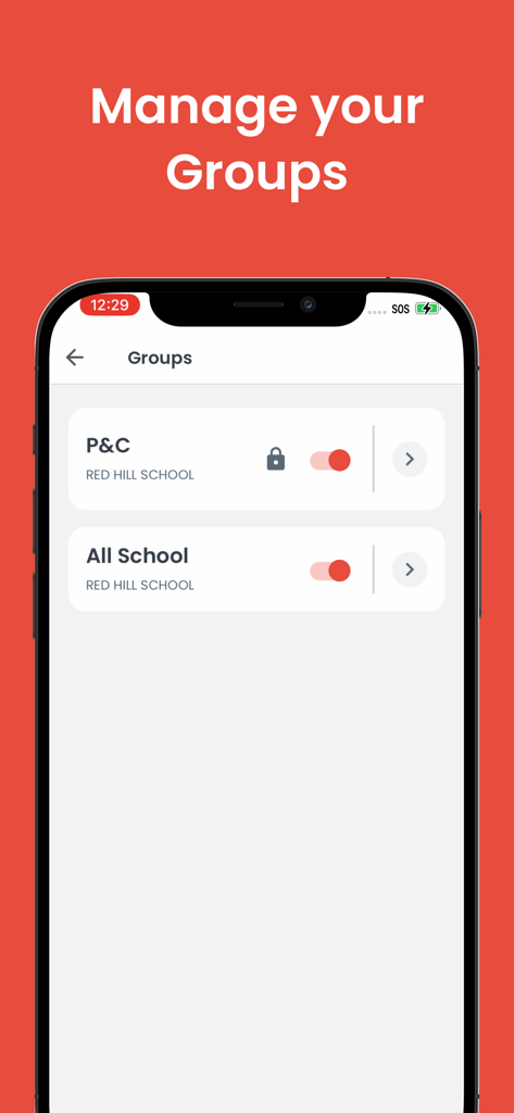Audiri: School Communication - Interface of the Audiri app showing a list of school groups with toggle switches to manage subscriptions and notifications