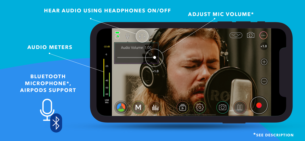 MoviePro app interface showing professional audio meters and mic volume control settings on an iPhone