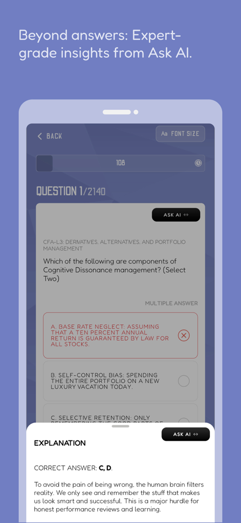 CFA Exam Prep 2026: with AI - A practice question on the CFA Exam Prep app showing an AI-powered explanation for Level 3 students.