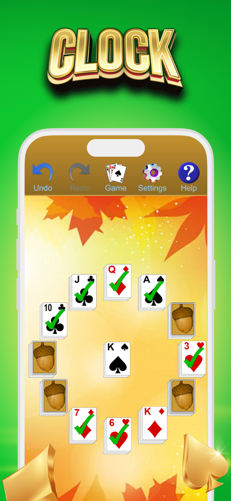 Pantalla de móvil que muestra el juego de solitario Reloj con un fondo de hojas de otoño y una disposición de cartas circular